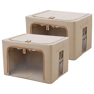 收納部屋 棉麻衣物整理箱 66L, 米色, 2個