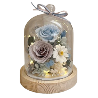 永生花夜燈12直徑-海風微醺 植物花材玻璃盤松木底座, 海風微醺 灰色 + 藍色 + 白色