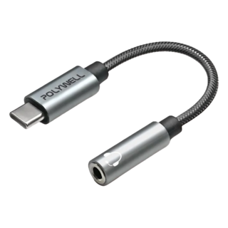POLYWELL 寶利威爾 Type-C轉3.5mm HiFi音源轉接線, 15cm, 灰色 + 黑色, 1條