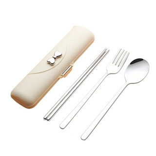 couselect 蝴蝶結304不鏽鋼便攜餐具3件組, 1組, 筷子 + 勺子 + 叉子, 奶油白