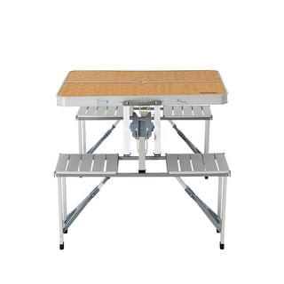 iDOOZEN 戶外鋁合金折疊式附傘孔露營桌椅組 (四人座), 木紋棕