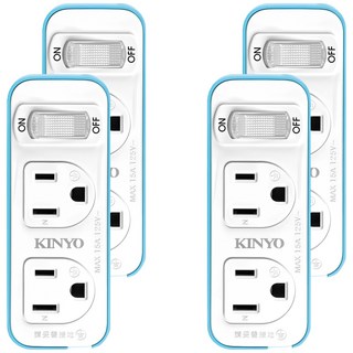 Kinyo 1切2座3變2節能小壁插 3孔, 白色 + 藍色, 4個, 38mm