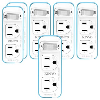 Kinyo 1切2座3變2節能小壁插 3孔, 白色 + 藍色, 6個, 38mm