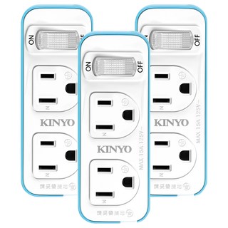 Kinyo 1切2座3變2節能小壁插 3孔, 白色 + 藍色, 3個, 38mm