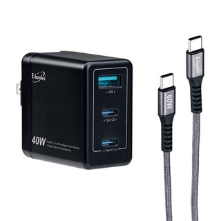 E-books 40W PD + QC3.0 高效能三孔快速充電器 + 60W C-C鋁製線, 黑色, 1盒