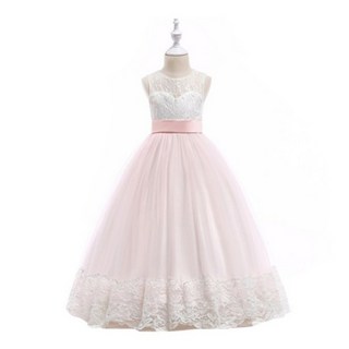 愛貝比 女童禮服 拼接粉色刺繡蕾絲緞帶長裙 兒童表演服裝 100碼, 粉色, 1件