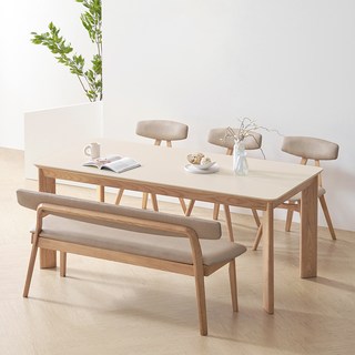 보니애가구 마세린 애쉬원목 세라믹 1800 식탁 + 벤치 + 의자 6인용 세트 방문설치, 로코코베이지 + 아이보리 + 네추럴, 일반 3 + 벤치 1
