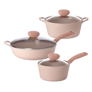 NEOFLAM 台灣公司貨 Sherbet蜜桃雪酪系列 鍋具3件組, 粉色, 1組, 炒鍋 + 湯鍋 + 單柄湯鍋