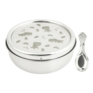 KOM 316不鏽鋼兒童隔熱碗 附匙, 恐龍 不鏽鋼色, 附蓋兒童碗 + 湯匙, 1組