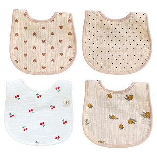 LuxuryBaby 6層泡泡紗布圍兜 基本款 A套組, 4件, 1組, 愛心+櫻桃+圓點+檸檬 白色 + 淺棕色