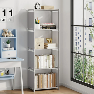 簡易組裝書櫃架 4格 銀灰色 5層 - 學生/辦公室收納好幫手, 41 x 28 x 125cm
