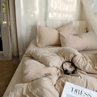 柔軟微皺水洗棉床包 #096, 法式奶茶