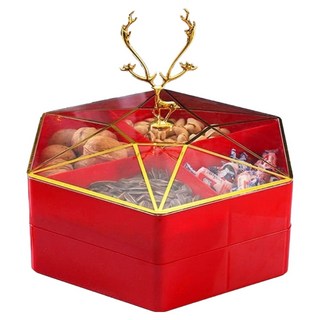 摩達客農曆春節開運金鹿送福糖果盒水果盤聚寶盆(紅色)1入，新年居家裝飾，招財聚寶，送禮自用兩相宜, 26 x 22cm