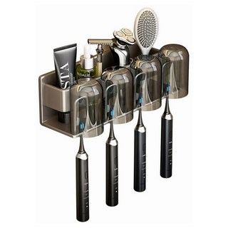 超級工廠 牙刷架 四人款附杯子 免釘膠款, 黑色, 浴室收納好幫手, 1個