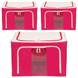 衣物棉被鋼架收納箱 牛津布款 100L, 紅色圓點, 3個