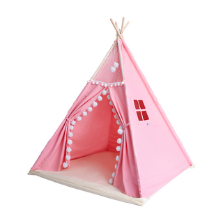 KIDMORY 凱麥瑞 印地安兒童遊戲帳篷 帆布材質 升級款圓球固定器 蕾絲天窗與童趣毛球設計, 120 x 120 x 16cm, 公主粉, 1個