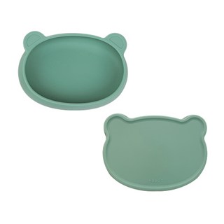 MODU'I BLUEMAMA 熊熊造型吸附式餐盤 附蓋子 餐盤1入+蓋子1入, 薄荷綠色, 1組