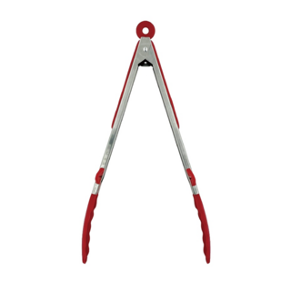 點秋香 矽膠料理夾 可立式不沾桌面 矽膠止滑 可拆洗 矽膠吊環 方便收納 材質柔軟 不傷鍋具, 銀色 + 紅色, 1支