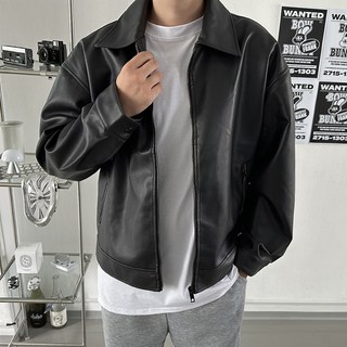 meosidda 男士皮革Oversize翻領短版夾克