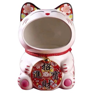 摩達客 春節開運招財貓擺飾-聚寶盆糖果收納 圓滿招財進寶 喜慶 大嘴造型吸睛, 1入, 紅白, 25.5 x 18 x 18cm