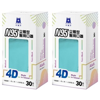 BLUE EAGLE 藍鷹牌 N95 4D立體型醫療成人口罩, 30片, 2盒, 花青綠