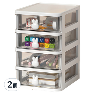 樂居家 可愛童趣桌面抽屜收納盒 透明視窗 4層, 2個, 白色