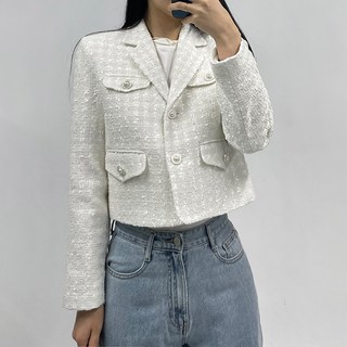 BBAEBBAE 女款珍珠鈕扣翻蓋口袋粗花呢短版夾克