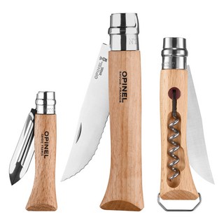 Opinel 新游牧廚具組 含No.12鋸齒折刀 No.10折刀含開瓶器 No.06削皮刀 砧板 收納袋, 原木色, 1組