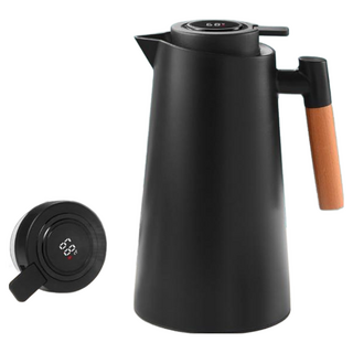 理享家 真空玻璃內膽溫度顯示保溫壺/大容量保溫瓶/熱水壺，長效保溫保冷，簡約時尚, 黑色, 1L, 1個