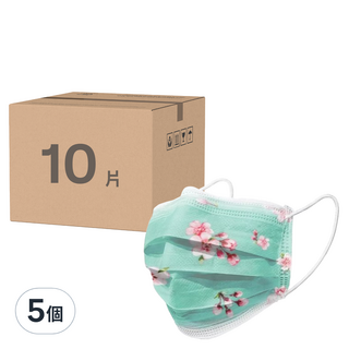 CHACER 佳和口罩 成人平面醫用口罩, 湖水綠櫻花, 5個, 10片