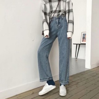 高腰直筒牛仔寬褲, XL, 藍色