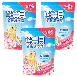 熊寶貝 柔軟護衣精補充包, 含天然櫻桃花萃, 保護纖維預防褪色與毛球, 1.75L, 3包