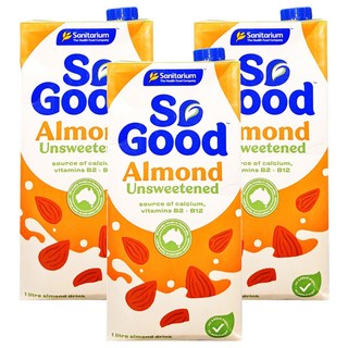 So Good 無糖杏仁奶, 高鈣低脂, 素食者適用, 無乳糖無麩質, 1L, 3瓶