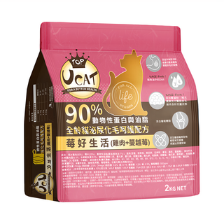 UCAT 全齡貓泌尿化毛呵護配方乾飼料，90%動物性蛋白與油脂，雞肉+蔓越莓口味，2KG, 泌尿保健 + 化毛, 1袋