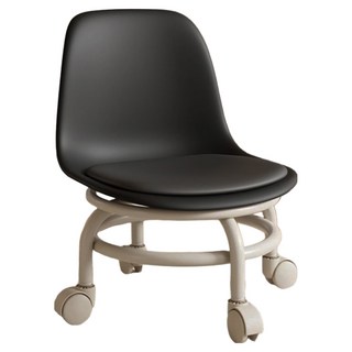 滑輪矮凳 椅背款, 360度旋轉透氣PU皮革圓凳, 黑色, 1個