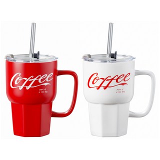 Just Home 熱情咖啡陶瓷 馬克杯 附吸管 2件組 500ml, 紅色 + 白色, 1組