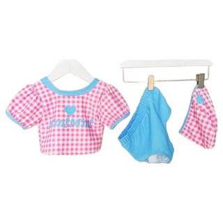 愛北鼻 夏季兒童兩件式泳裝 上衣+泳褲+泳帽, L, 粉愛心格紋 粉色 + 藍色 + 白色, 1入