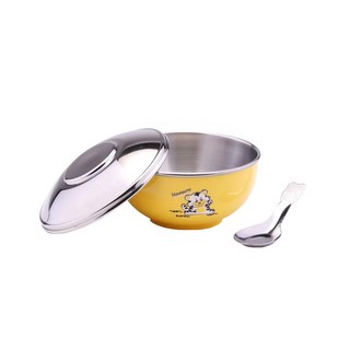 ZEBRA THAILAND 304不銹鋼上蓋兒童隔熱碗 Set, 雙層隔熱設計, 11cm, 顏色多種選擇, 黃色, 附湯匙, 1組