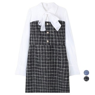 Roem 女款編織搭配粗花呢迷你連身裙, 19 黑色