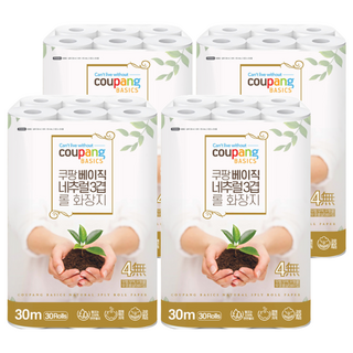 Coupang Basics 基本款三層捲筒衛生紙 30捲 高溫蒸氣處理 無螢光劑 無甲醛, 30m, 4袋