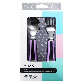 VIIDA Soufflé 抗菌304不鏽鋼叉匙組 適用於2歲以上兒童, 紫色, L 湯匙1支 + 叉子1支, 1組