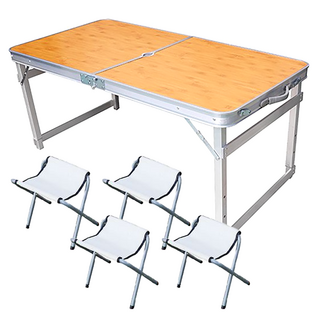 FOSO 方管有傘孔鋁合金折疊桌椅組 桌面 含四個折疊椅, 竹紋棕色, 1組