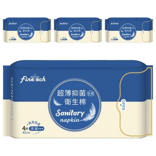 Finetech 釩泰 超薄抑菌夜用特長型衛生棉 涼感 42cm, 4片, 4包