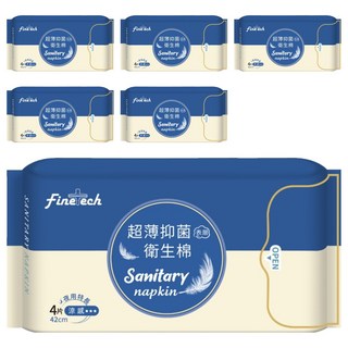 Finetech 釩泰 超薄抑菌夜用特長型衛生棉 涼感 42cm, 4片, 6包