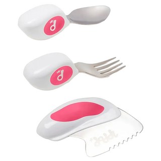 doddL 人體工學兒童學習餐具3件組, 人體工學三點抓握設計, 訓練手部抓握能力, 草莓紅, 餐刀 + 湯匙 + 叉子, 1組