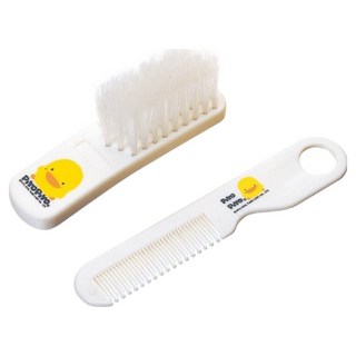 PiYOPiYO 黃色小鴨 嬰兒髮梳組, 柔軟尼龍刷毛, 平梳圓珠梳齒前端, 1組