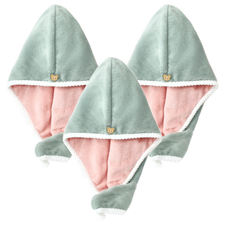 雙層速吸乾髮帽, 綠色, 3入, 珊瑚絨, 1組