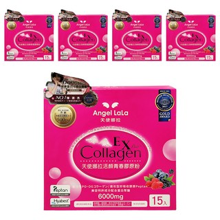 Angel LaLa 天使娜拉 活顏青春膠原粉, 含專利玻尿酸, 專利七莓果, 6000mg膠原蛋白, 8g, 15包, 5盒