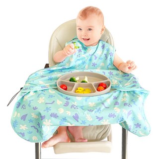 一體式印花餐墊連身圍兜, 水藍色, 1入