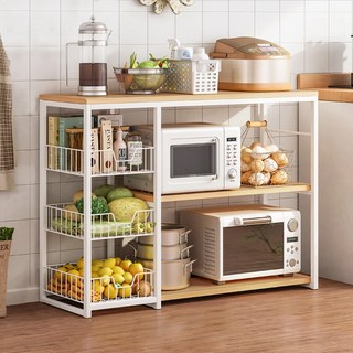 AOTTO 創意傢俱 多功能三層廚房置物架 80CM帶籃款 原木色+白架 鋼架, FT-018, 1個